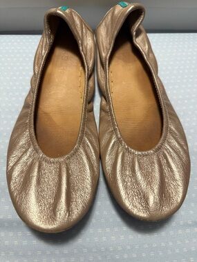Tieks Metallic rose gold “Rosé” Ballet Flats with Teal Heel Tab